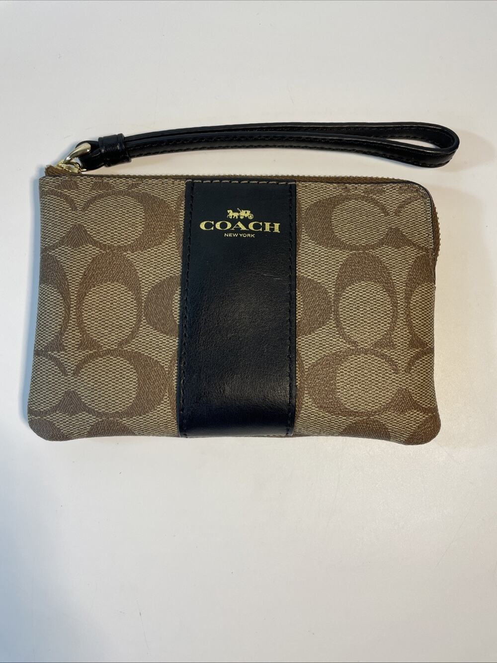 Coach Corner Zip Wristlet In Khaki Black 58035